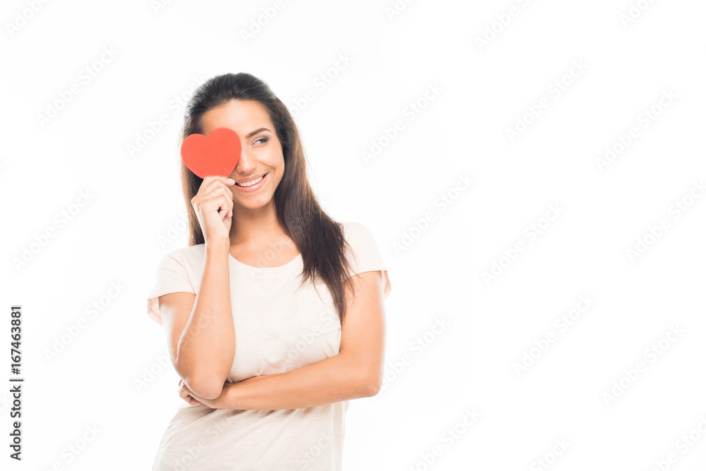 'portrait of attractive young woman with red paper heart on eye, isolated on white 'portrait of attractive young woman with red paper heart on eye, isolated on white