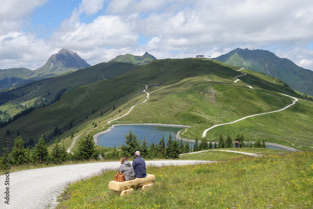 View at Alpine paths near lake 