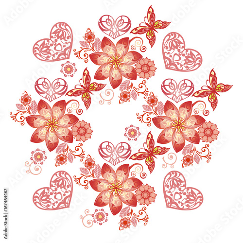 Cute pink pattern with fantastic flowers and hearts. Decorative ornament for fabric, textile, wrapping paper