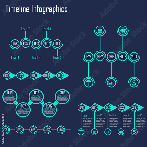 Timeline infographics and Step by step infographics set. 5 steps, options or levels template. Vector illustration.