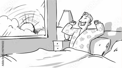 Happy Man waking up in the morning in the bedroom Vector sketch