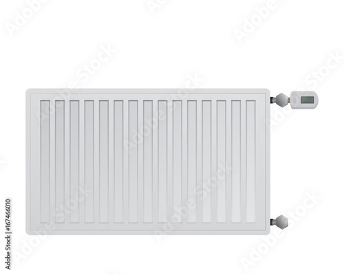 Steel panel radiator on white background. Electronic thermal head with a display. Connection to the right side.