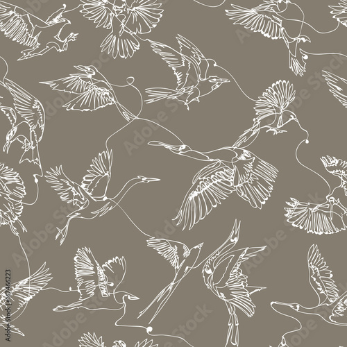 Single line bird drawings seamless pattern