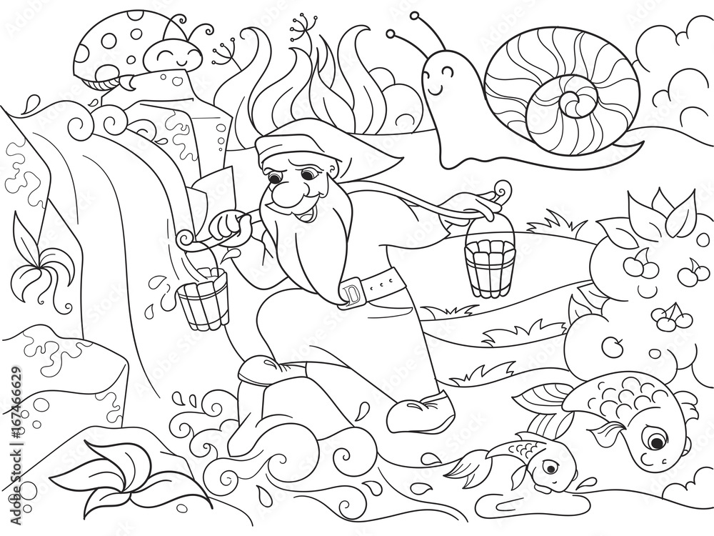 Childrens coloring. Forest, a magic dwarf is picking up water in a creek