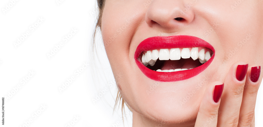 White teeth and red lips. Perfect female smile after whitening teeth. White teeth and red lips. Perfect female smile after whitening teeth.