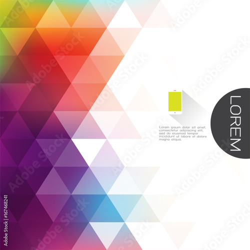 colorful transparency and fade triangle background with white space on beside for text. Modern background for business or technology presentation.