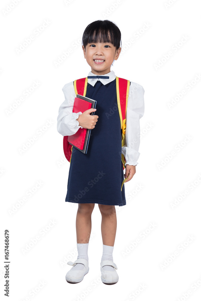 Asian Little Chinese girl in school uniform with school bag Asian Little Chinese girl in school uniform with school bag