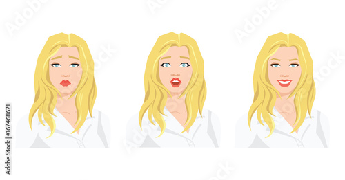 Collection of woman's emotions. Vector illustration of variations of facial expression. 