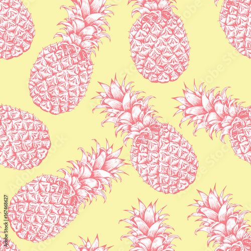 Abstract seamless pattern, wallpaper, background, backdrop Pink yellow white hand drawn pineapple. Vector sketch, tropical exotic fruit. Template for printing, packaging, advertising, web design, card