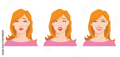 Collection of woman's emotions. Vector illustration of variations of facial expression. 