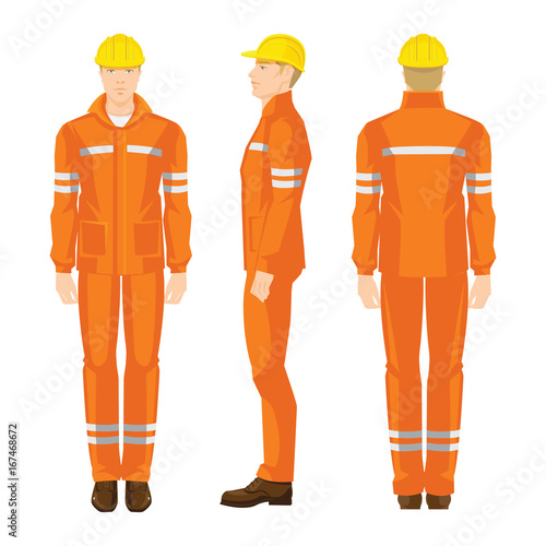 Man worker in professional protective clothes and yellow safety helmet. Various turns man's figure. Front view, side and back view.