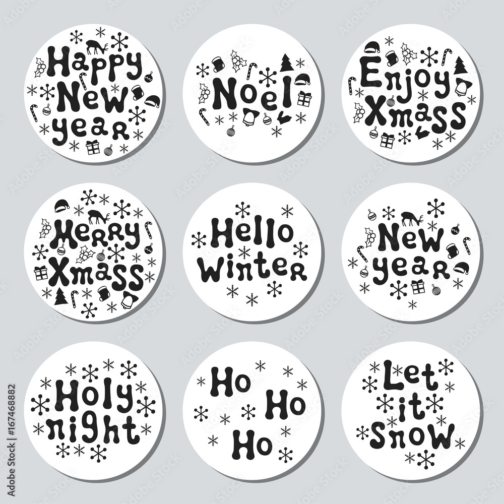 Christmas New Year gift round stickers. Labels xmas set. Hand drawn decorative element. Collection of holiday christmas stickers in black white. Texture. Vector illustration. Lettering, calligraphy.
