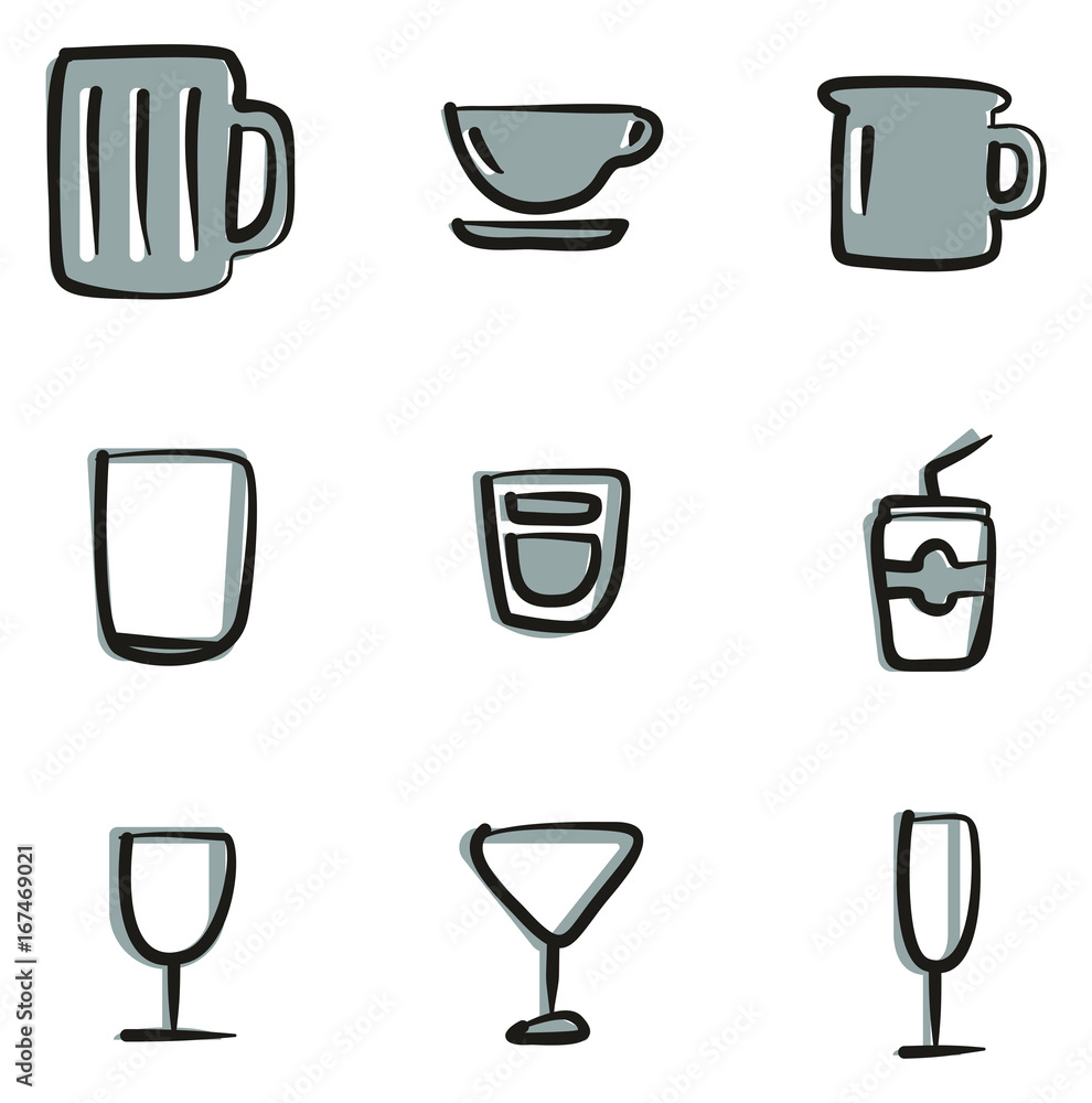 Glass Or Cup Icons Freehand 2 Color