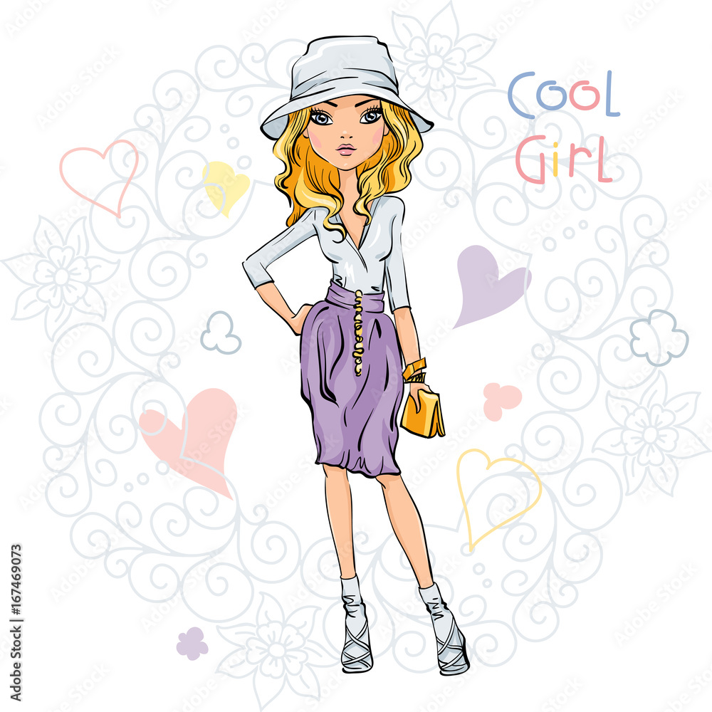 Cute beautiful girl in a skirt and blouse, hat and with a bag Cute beautiful girl in a skirt and blouse, hat and with a bag
