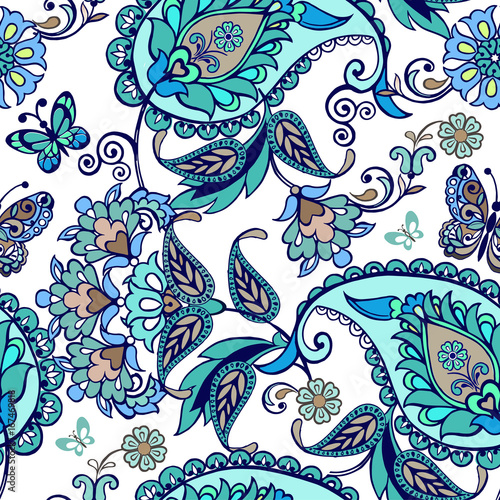 Fantastic floral seamless ornament with decorative butterflies. Vintage flowers seamless ornament in blue colors. Decorative ornament backdrop for fabric, textile, wrapping paper