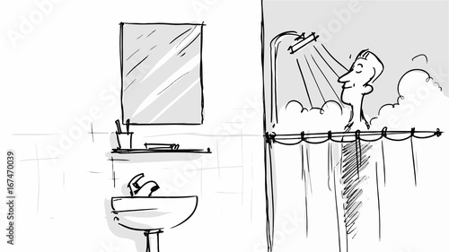 Man taking a shower in the bathroom Vector for cartoon, storyboard, projects