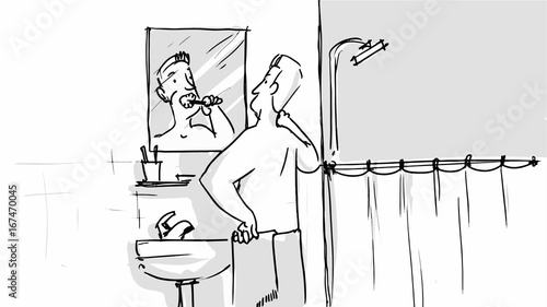 Man brushing his teeth in the bathroom. Vector sketch for cartoon, storyboard, projects
