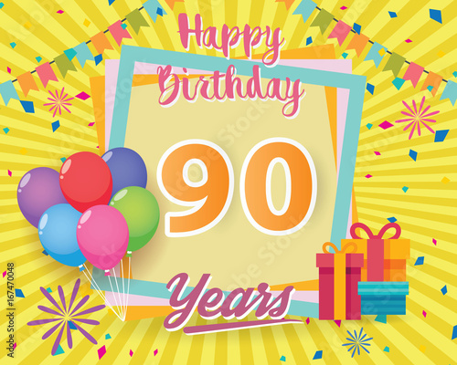 color full 90 th birthday celebration greeting card design vector, birthday party poster background with balloon, gift box and confetti. ninety anniversary celebrations