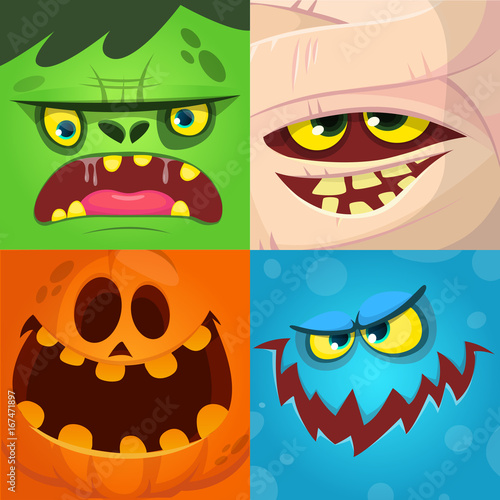 Cartoon monster faces vector set. Cute square avatars and icons. Monster  pumpkin face  mummy  zombie