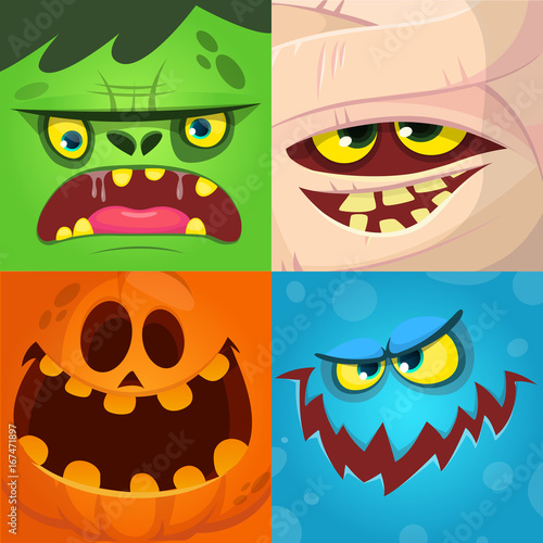 Cartoon monster faces vector set. Cute square avatars and icons. Monster, pumpkin face, mummy, zombie