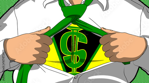 Illustration of businessman in superhero suit opening shirt in comic book style with dollar sign on chest