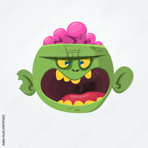 Green zombie with pink brains outside of the head. Halloween character. Vector flat illustration