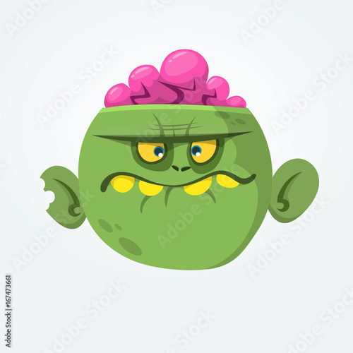 Green zombie with pink brains outside of the head. Halloween character. Vector flat illustration