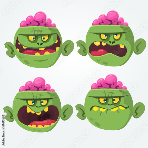 Zombie emotion icons set cartoon. Illustrations collection isolated on white background. Halloween avatars and mask 