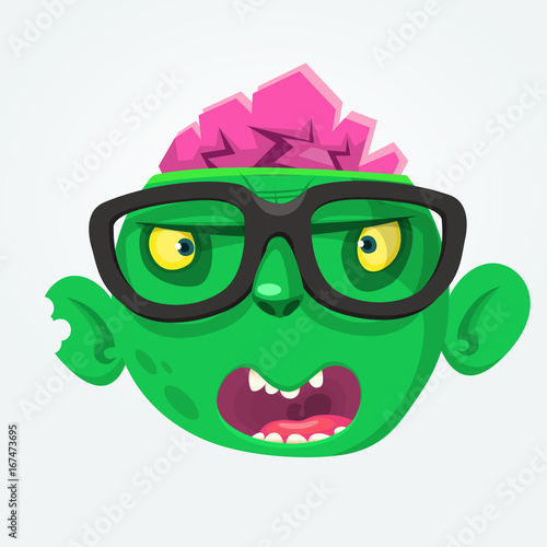 Cartoon zombie face wearing eyeglasses cartoon. Zombi nerd. Halloween vector illustration