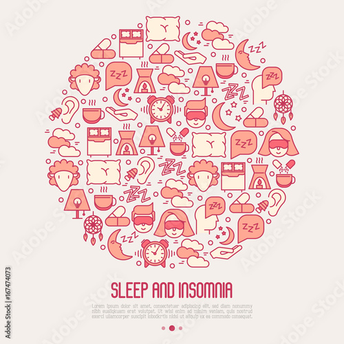Sleep and insomnia concept in circle with thin line icons: man in sleeping mask, comfortable pillow, alarm, aroma lamp, earplugs, sheep. Vector illustration for banner, web page, print media.