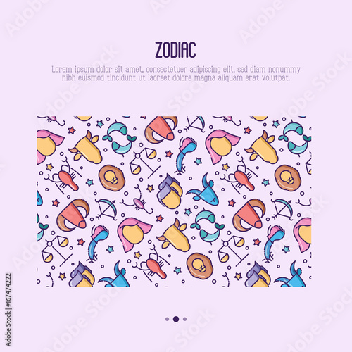 Zodiac signs concept with thin line icons for banner with horoscope, web site or background. Vector illustration.