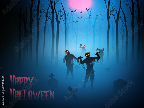 Zombie walking out from forest of death. Silhouettes illustration for Halloween.
