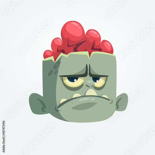 Cartoon funny gray zombie head with upset emotion. Vector illustration for Halloween