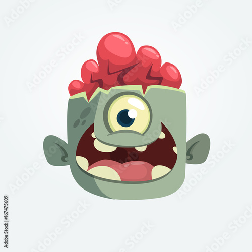 Cartoon one eyey zombie head smiling. Halloween vector illustration