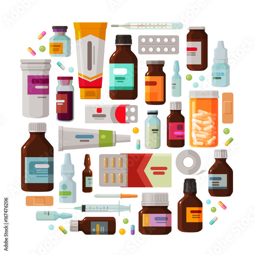 Medicine, pharmacy concept. Drug, medication set of icons. Vector illustration