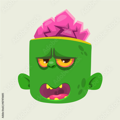 Green zombie's head with brains. Isolated on white background.