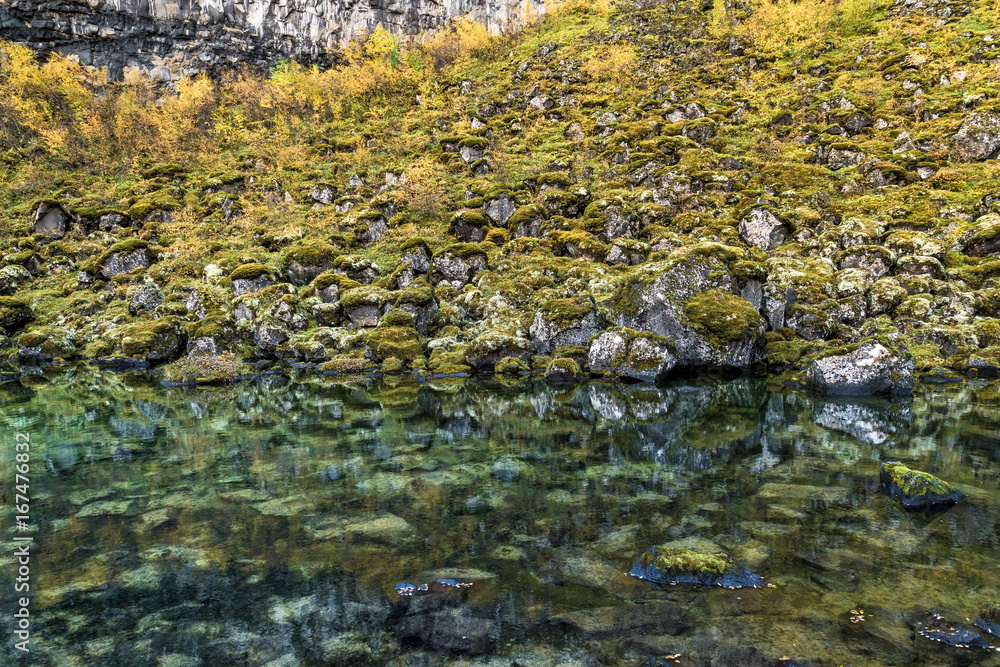 Botnstjörn See im Herbst, Asbyrgi, Island Botnstjörn See im Herbst, Asbyrgi, Island