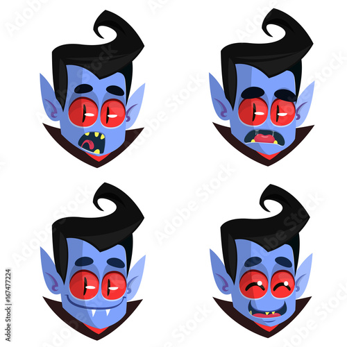 Cartoon vampire heads icons. Vector illustration of vampire emotions