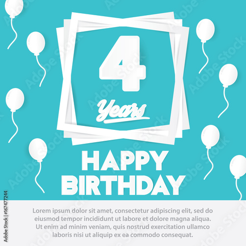 4 th birthday celebration greeting card paper art style design, birthday invitation poster background with balloons. four anniversary celebrations blue color
