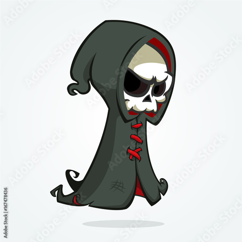 Cute cartoon grim reaper isolated on white. Cute Halloween skeleton death character icon
