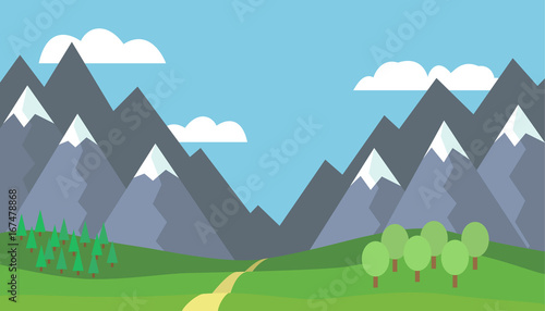 Panoramic cartoon mountain landscape with blue sky  white clouds  trees  snow on the peaks  hills and through the mountains - vector illustration  flat design