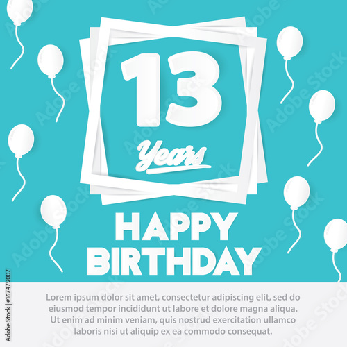 13 rd birthday celebration greeting card paper art style design, birthday invitation poster background with balloons. thirteen anniversary celebrations blue color