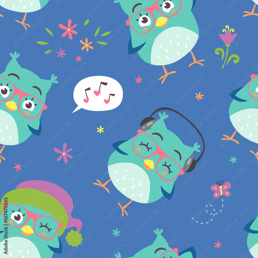 Obraz premium vector cartoon style owl seamless pattern