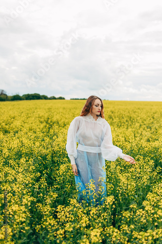 Beautiful girl in a dress among yellow flowers in a field © Денис Кипкаев