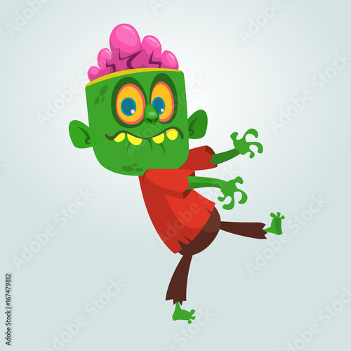 Vector cartoon image of a funny green zombie with big head in brown pants and red t-shirt walking to the right and smiling on a light gray background. Vector illustration.