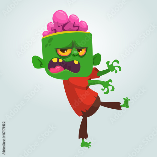 Vector cartoon image of a funny green zombie with big head in brown pants and red t-shirt walking to the right and smiling on a light gray background. Vector illustration.