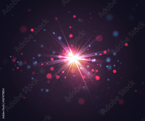 Abstract colorful blurred background. Sparkling light effects, bokeh, flash light and glitter particles. Beautiful minimalistic vector illustration. Clean design