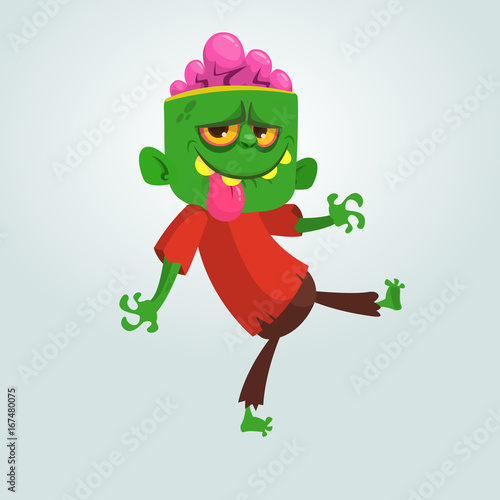 Vector cartoon image of a funny green zombie with big head in brown pants and red t-shirt walking to the right and smiling on a light gray background. Vector illustration.