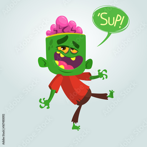Cartoon funny green zombie with big head in brown pants and red t-shirt walking to the right and growling on a light gray background. Apocalypse, dead, halloween. Vector illustration.