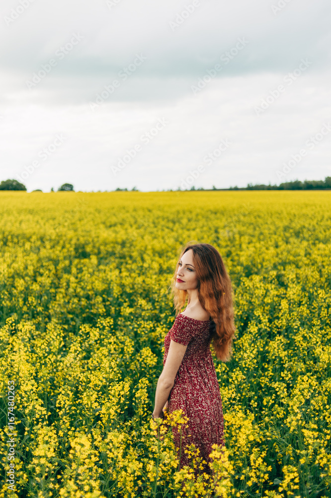 Beautiful girl in a dress among yellow flowers in a field Beautiful girl in a dress among yellow flowers in a field
